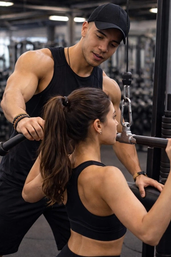 Entrenador personal FitAccesorios asesorando cliente en gimnasio