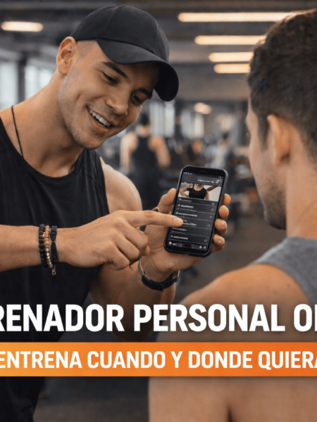 entrenador personal online asesorando cliente con rutina en celular en gimnasio moderno