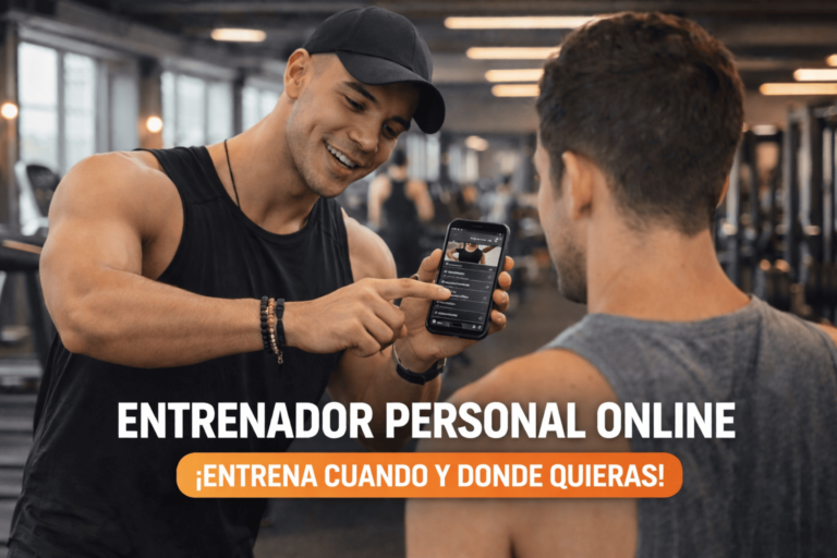 entrenador personal online asesorando cliente con rutina en celular en gimnasio moderno